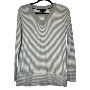Tommy Hilfiger Grey White Striped V-Neck Sweater Classic Preppy Women's Sz M